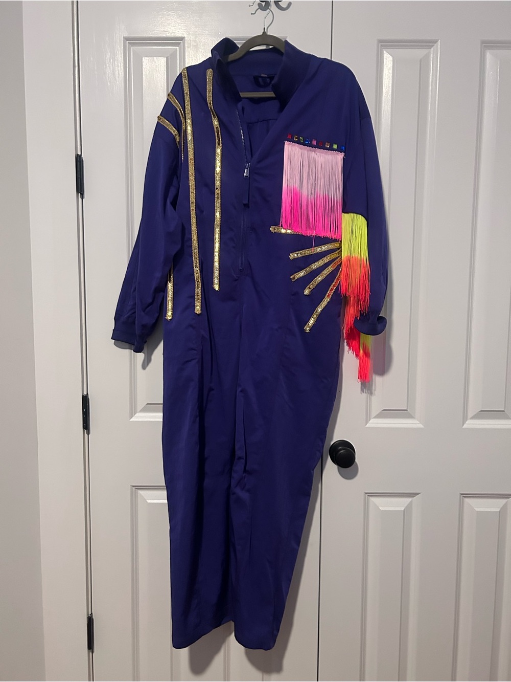 Free People Purple Jumpsuit with Neon Fringe & Gold Accents